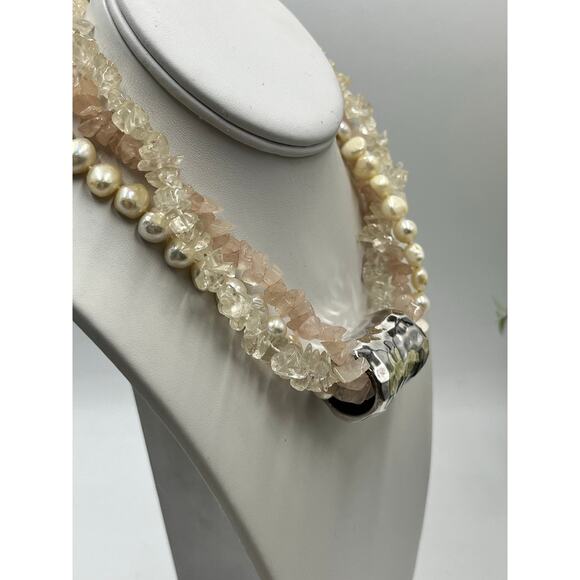 Simon Sebbag MultiStrand 925 Rose Clear Quartz Light Pearl Slider Necklace 17" - Picture 4 of 10